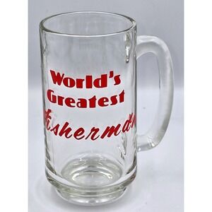 Vintage Worlds Greatest Fisherman Clear Glass Beer Mug Red Graphic Novelty Stein